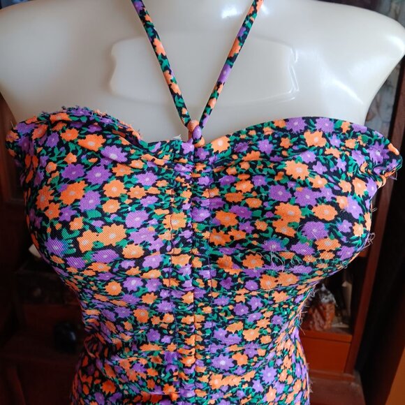 Medium True Vintage Floral Halter One Piece Bodysuit Swimsuit Ruched Mom 1980's - Picture 2 of 10